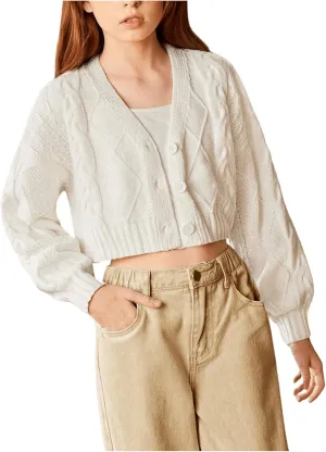 MakeMeChic Girl's Button Down Drop Shoulder Cable Knit Cardigan Long Sleeve V Neck Cropped Cardigan Sweater