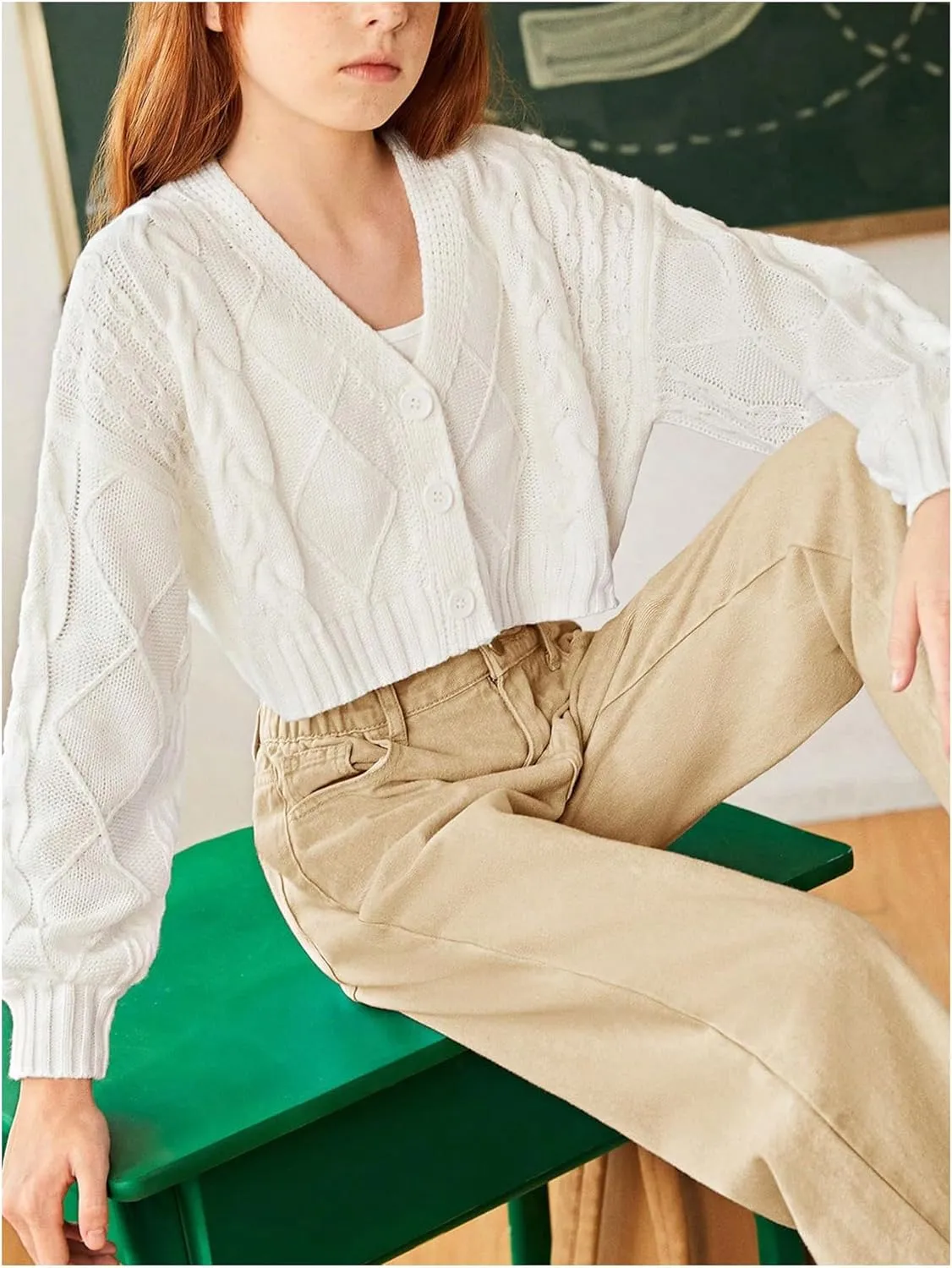 MakeMeChic Girl's Button Down Drop Shoulder Cable Knit Cardigan Long Sleeve V Neck Cropped Cardigan Sweater