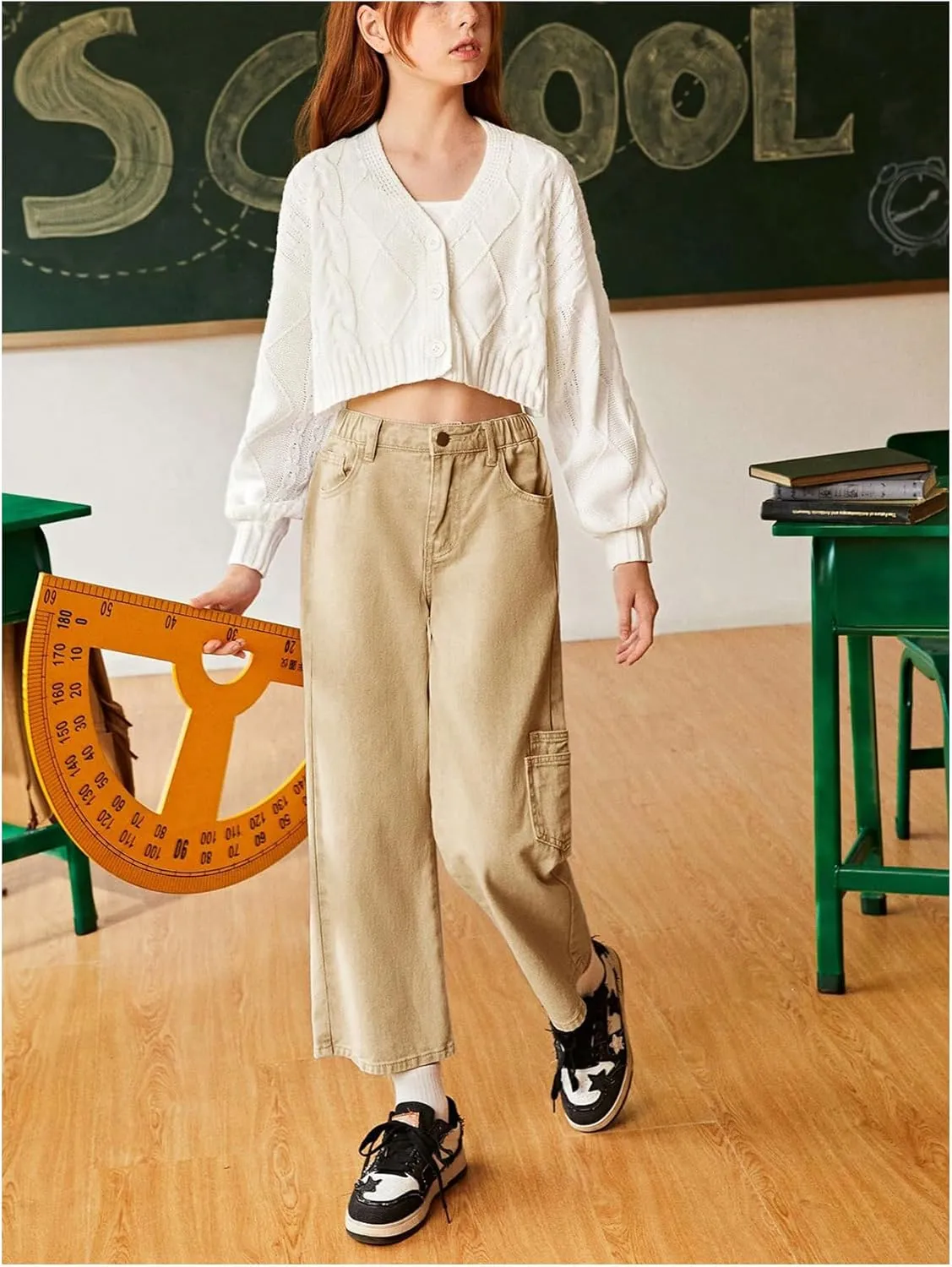 MakeMeChic Girl's Button Down Drop Shoulder Cable Knit Cardigan Long Sleeve V Neck Cropped Cardigan Sweater