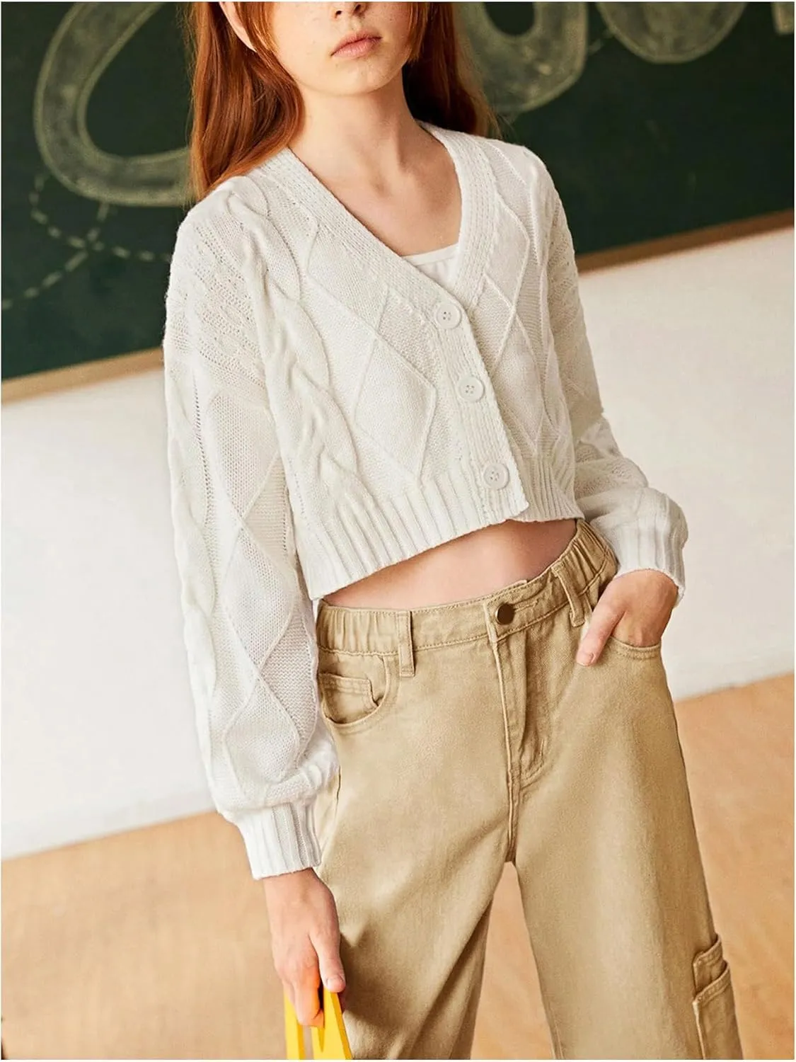 MakeMeChic Girl's Button Down Drop Shoulder Cable Knit Cardigan Long Sleeve V Neck Cropped Cardigan Sweater
