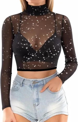 MANGOPOP Women's Short Sleeve Long Sleeve Sheer Mesh Crop Tops Tee Shirt Blouse
