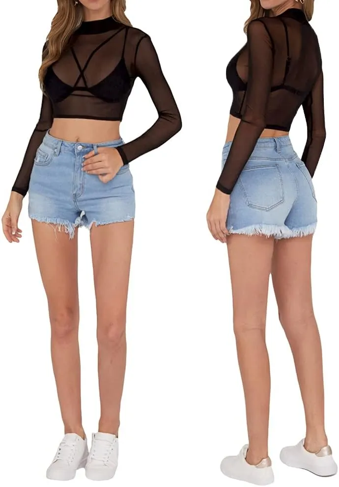 MANGOPOP Women's Short Sleeve Long Sleeve Sheer Mesh Crop Tops Tee Shirt Blouse