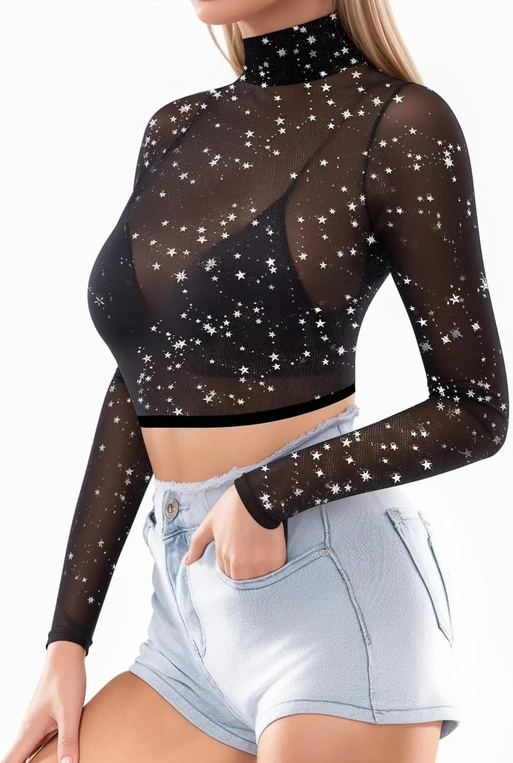 MANGOPOP Women's Short Sleeve Long Sleeve Sheer Mesh Crop Tops Tee Shirt Blouse