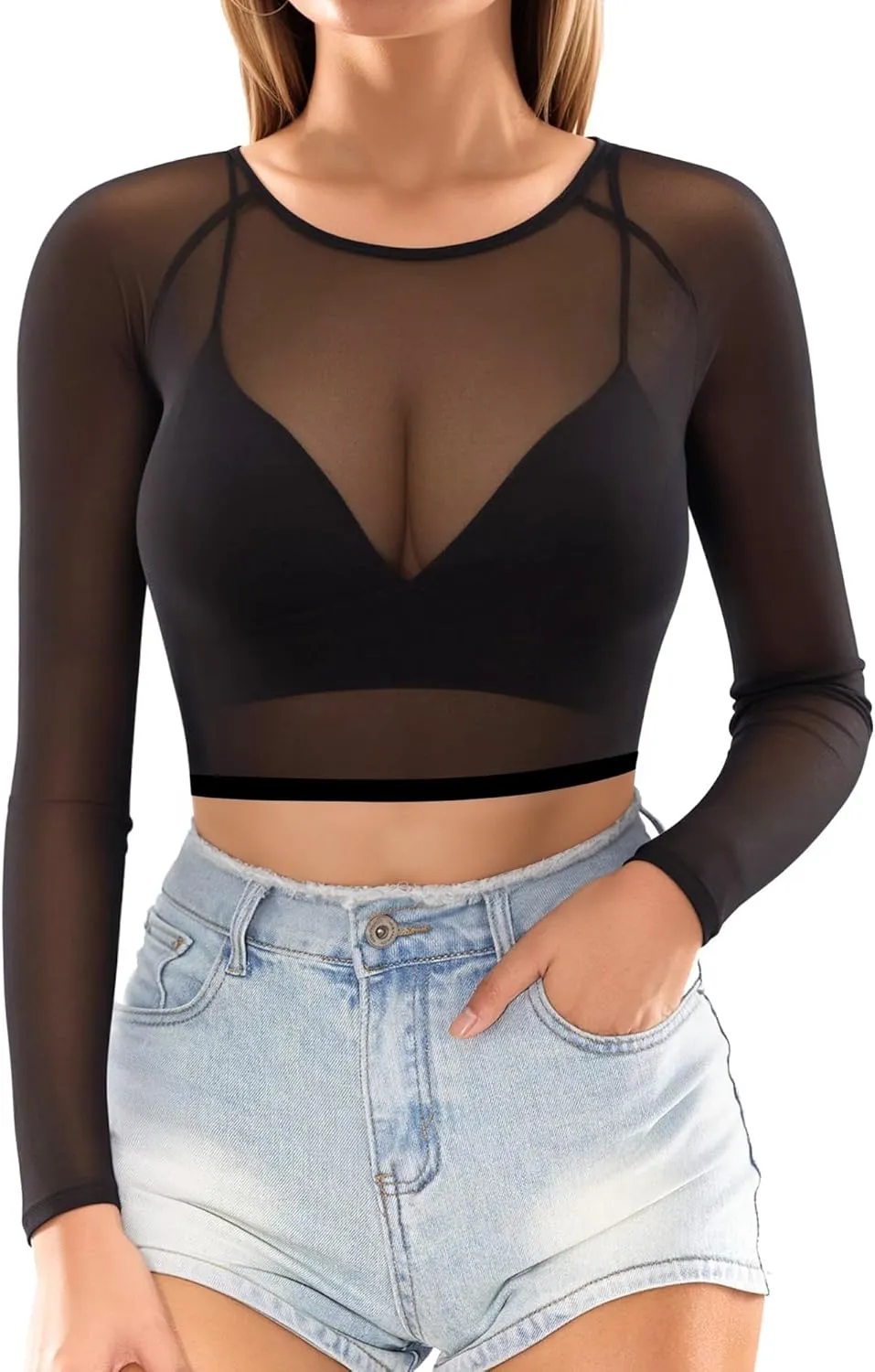 MANGOPOP Women's Short Sleeve Long Sleeve Sheer Mesh Crop Tops Tee Shirt Blouse