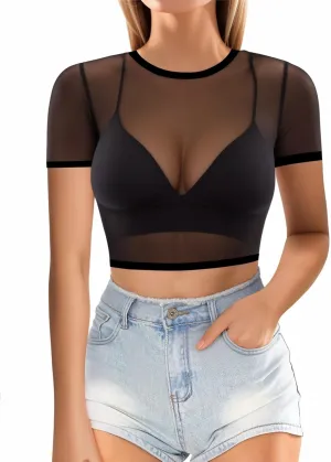 MANGOPOP Women's Short Sleeve Long Sleeve Sheer Mesh Crop Tops Tee Shirt Blouse