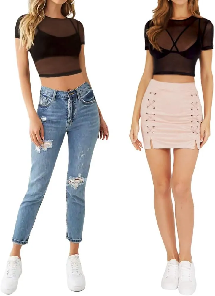MANGOPOP Women's Short Sleeve Long Sleeve Sheer Mesh Crop Tops Tee Shirt Blouse