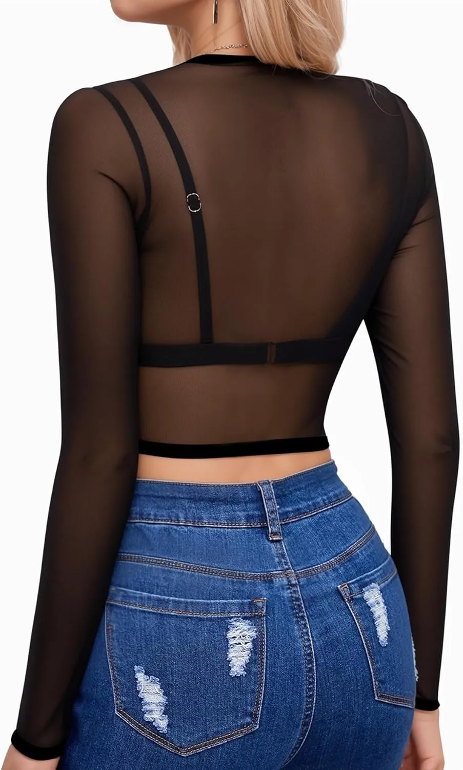 MANGOPOP Women's Short Sleeve Long Sleeve Sheer Mesh Crop Tops Tee Shirt Blouse