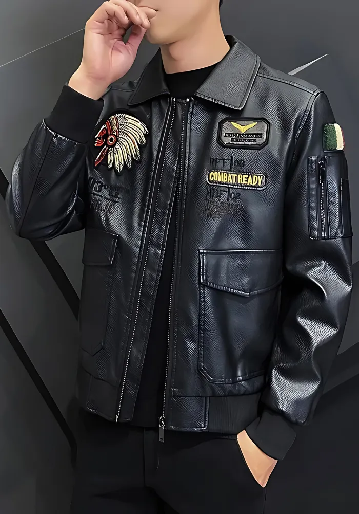 Men's Black Vintage Style Biker Leather Jacket Skull Bones