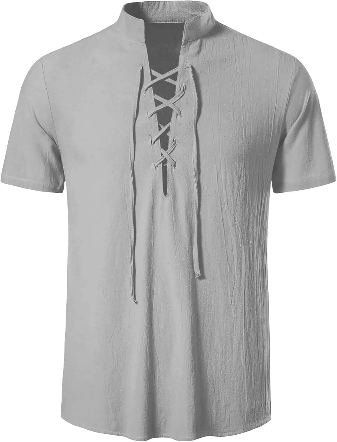 Mens Cotton Linen Shirts Lace Up Short/Long Sleeve Henley Pirate Shirt Casual V Neck for Beach Renaissance Viking Hippie