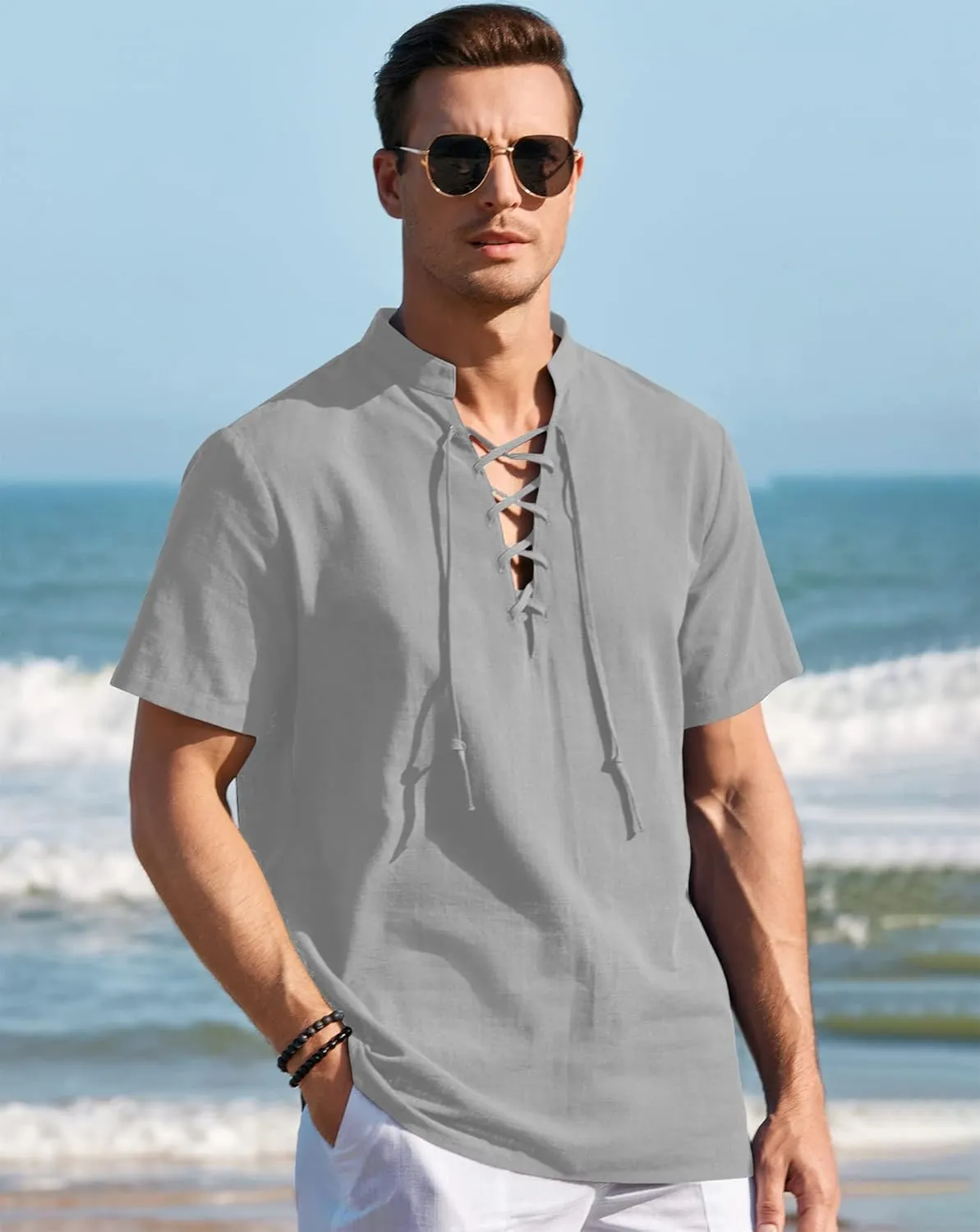 Mens Cotton Linen Shirts Lace Up Short/Long Sleeve Henley Pirate Shirt Casual V Neck for Beach Renaissance Viking Hippie