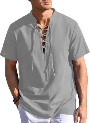 Mens Cotton Linen Shirts Lace Up Short/Long Sleeve Henley Pirate Shirt Casual V Neck for Beach Renaissance Viking Hippie