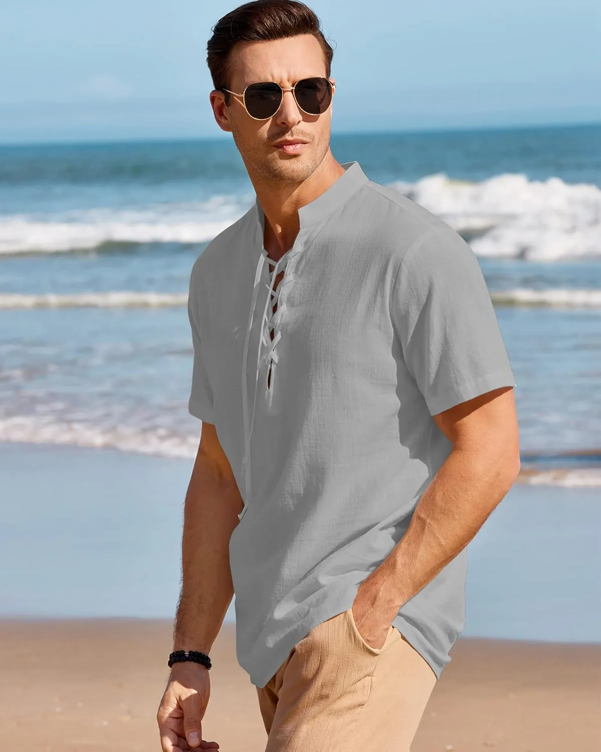 Mens Cotton Linen Shirts Lace Up Short/Long Sleeve Henley Pirate Shirt Casual V Neck for Beach Renaissance Viking Hippie