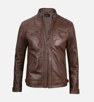 Men’s Diamond Shoulder Style Brown Biker Leather Jacket