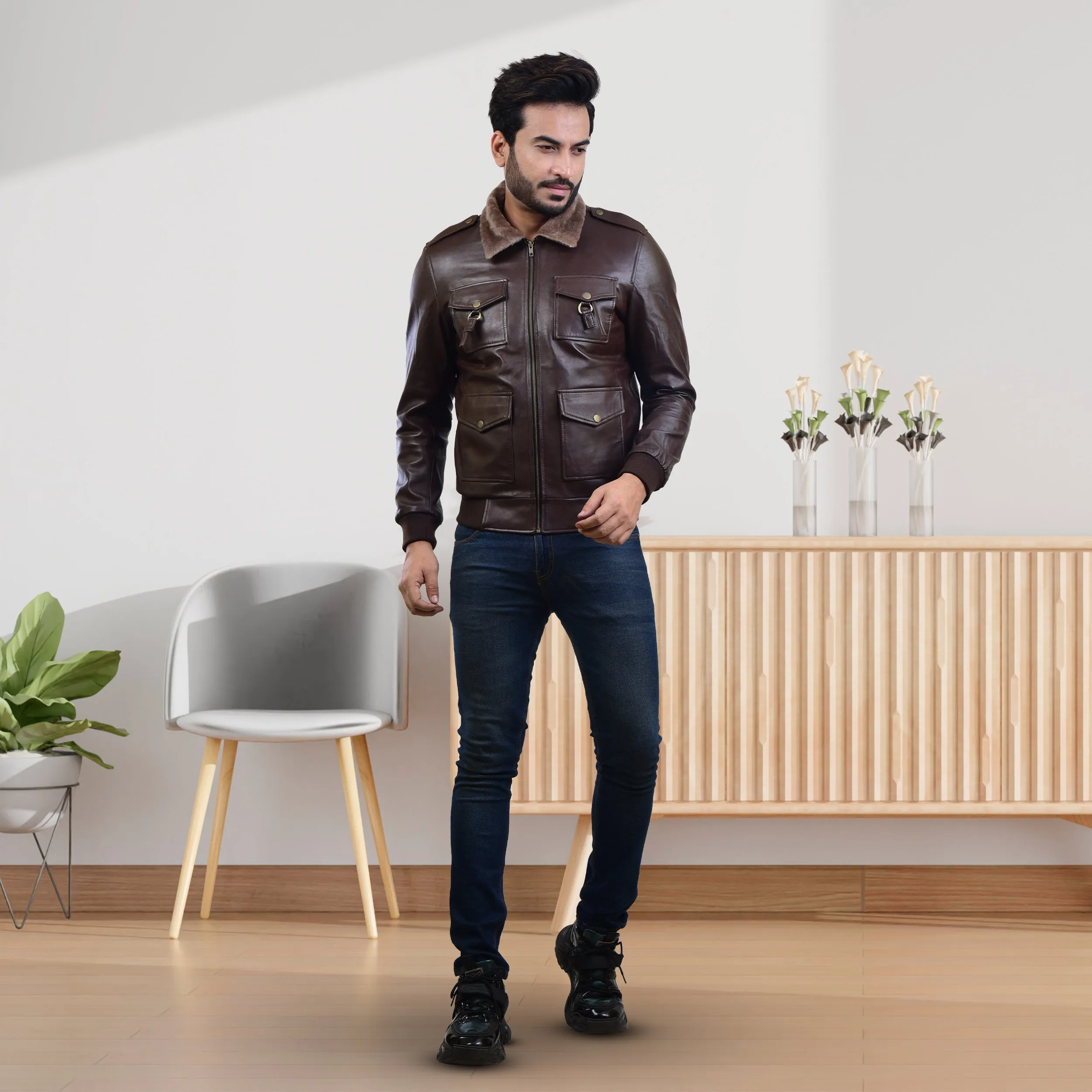 MENS LEATHER JACKET 410140(BROWN)