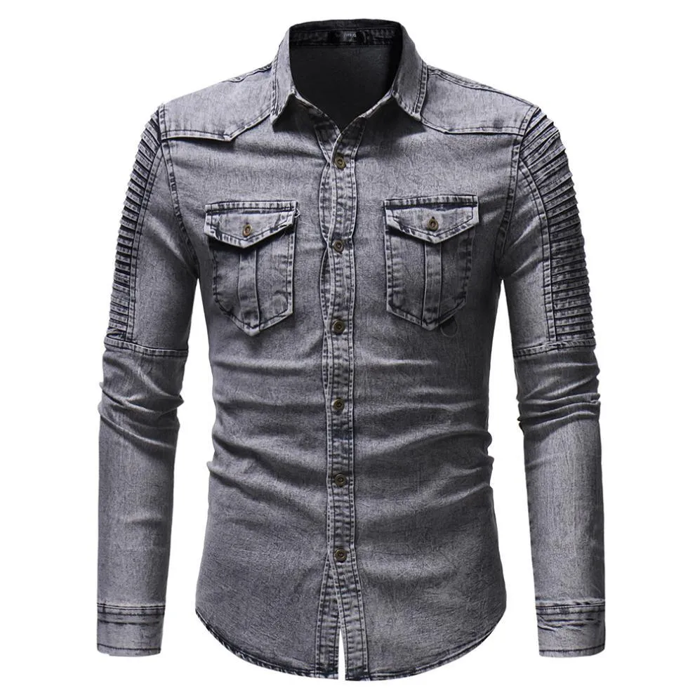 Men's Pleated Sleeve Stitch Lined Denim Shirt