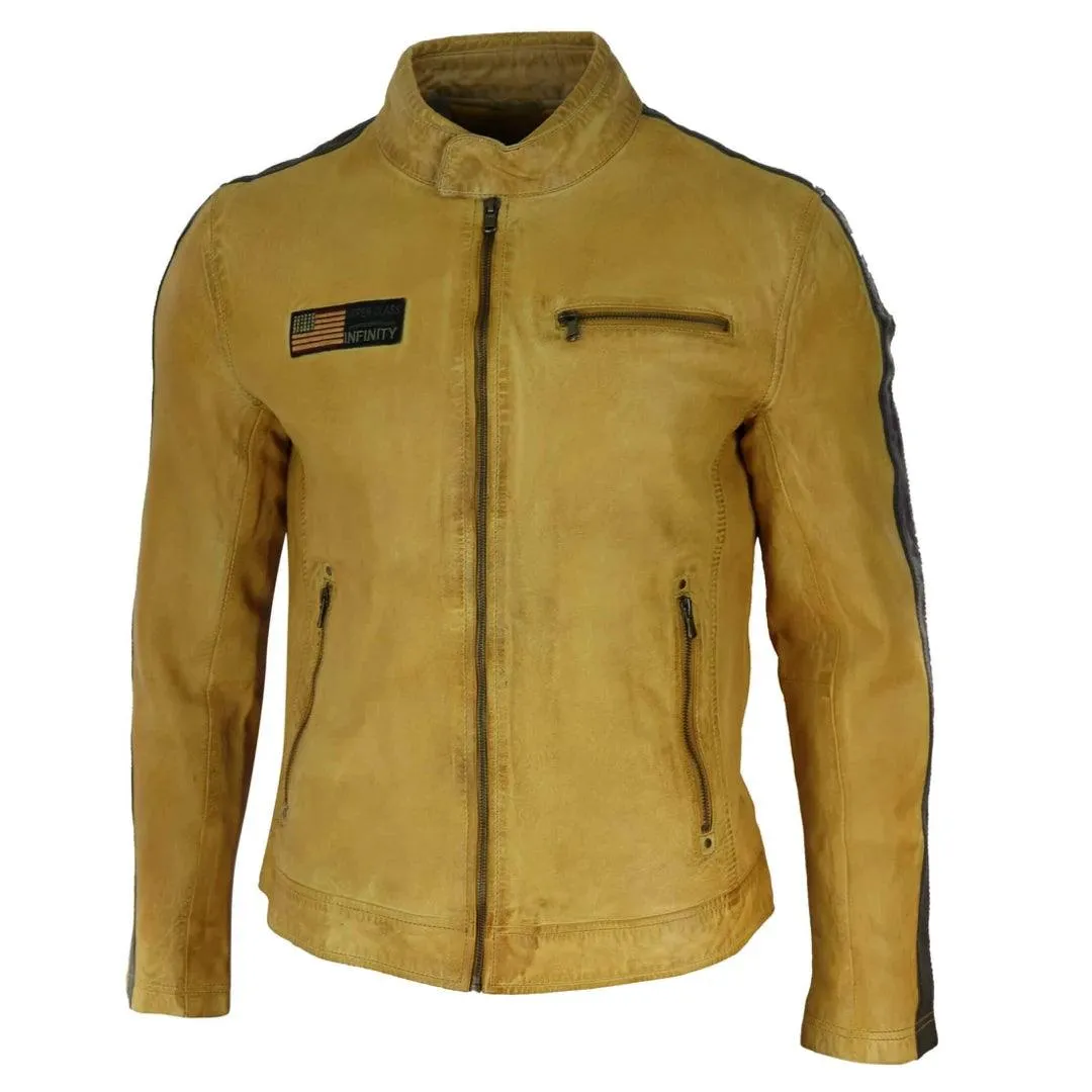 Mens Real Leather Biker Racing Jacket Stripes Zip Retro Casual Grey Yellow Short