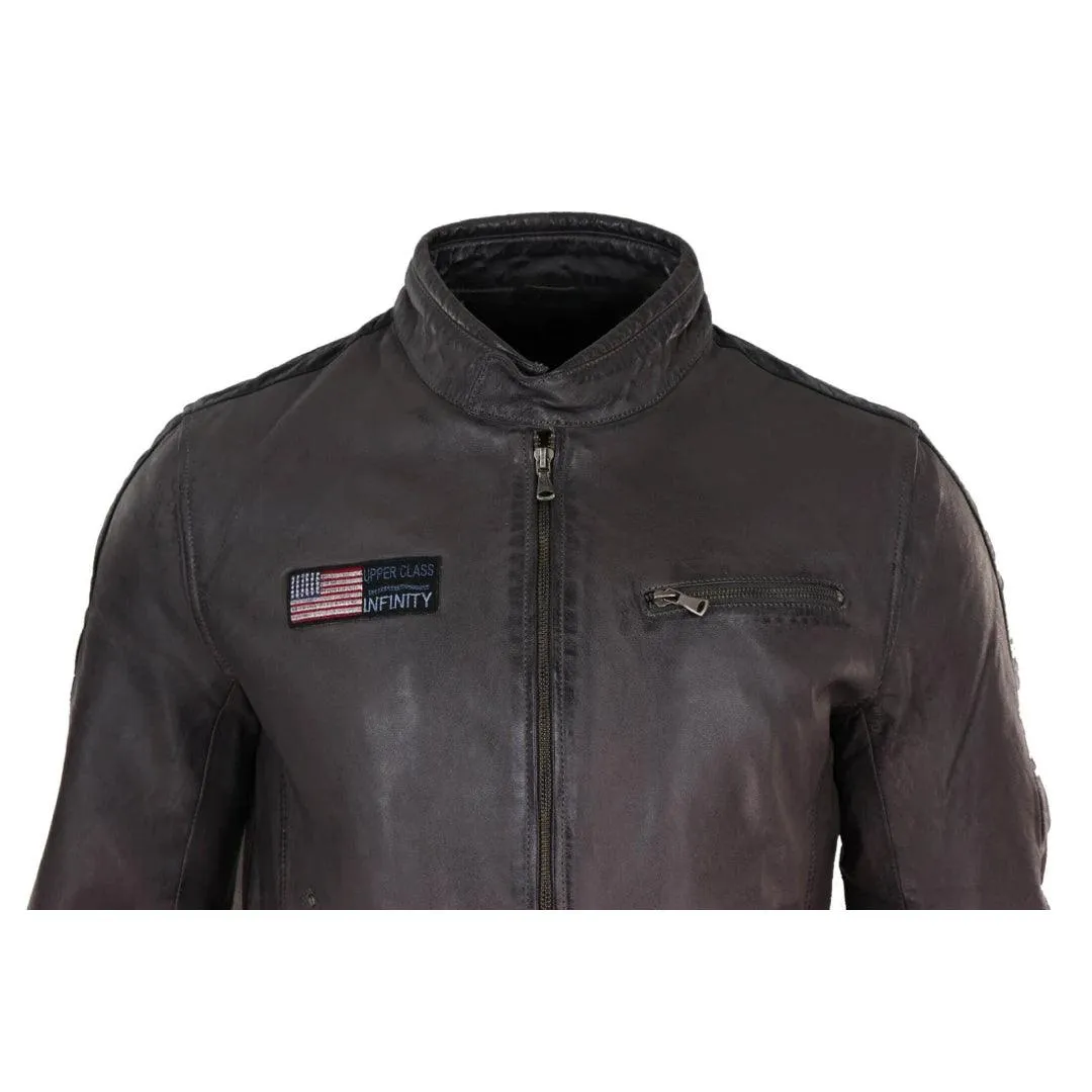 Mens Real Leather Biker Racing Jacket Stripes Zip Retro Casual Grey Yellow Short