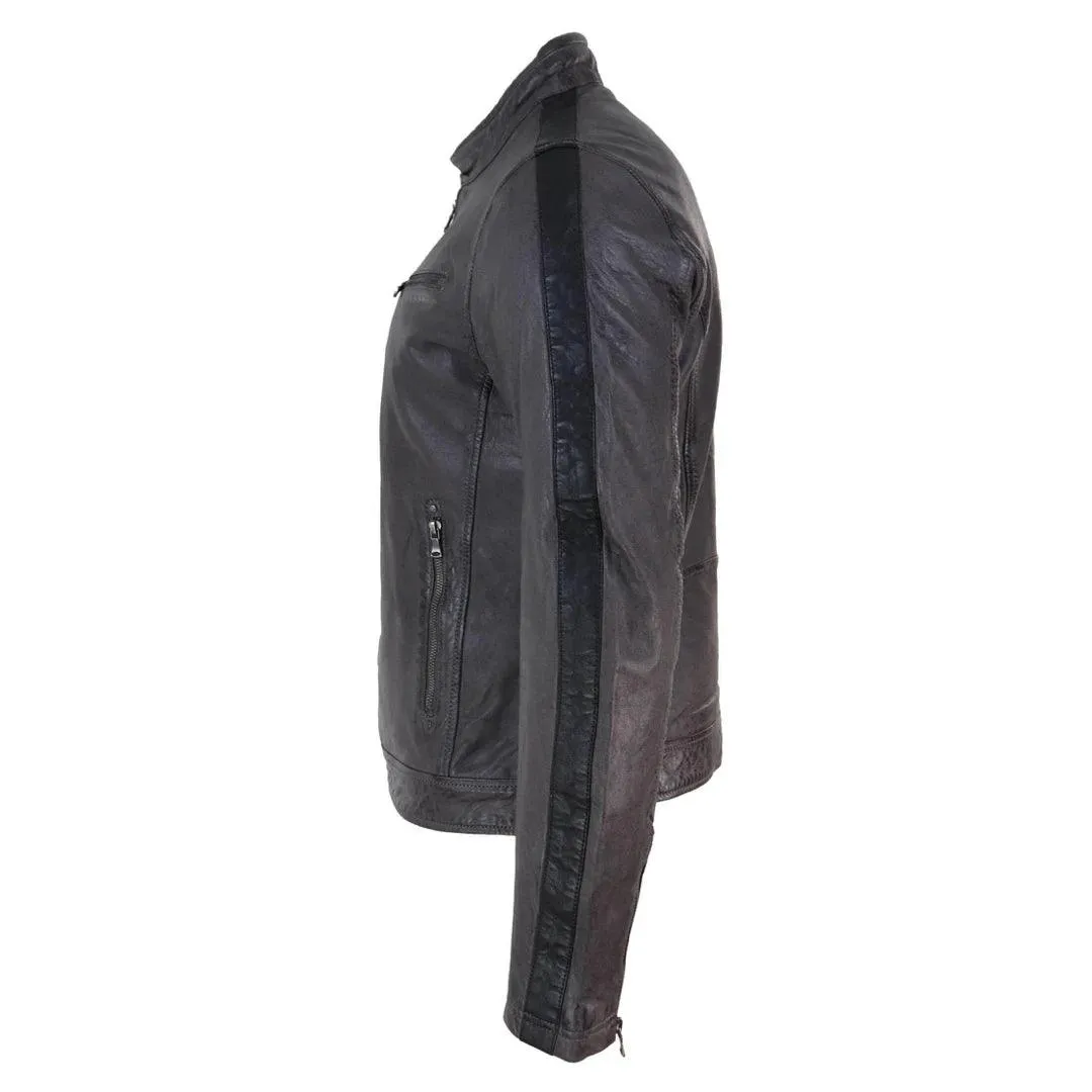 Mens Real Leather Biker Racing Jacket Stripes Zip Retro Casual Grey Yellow Short