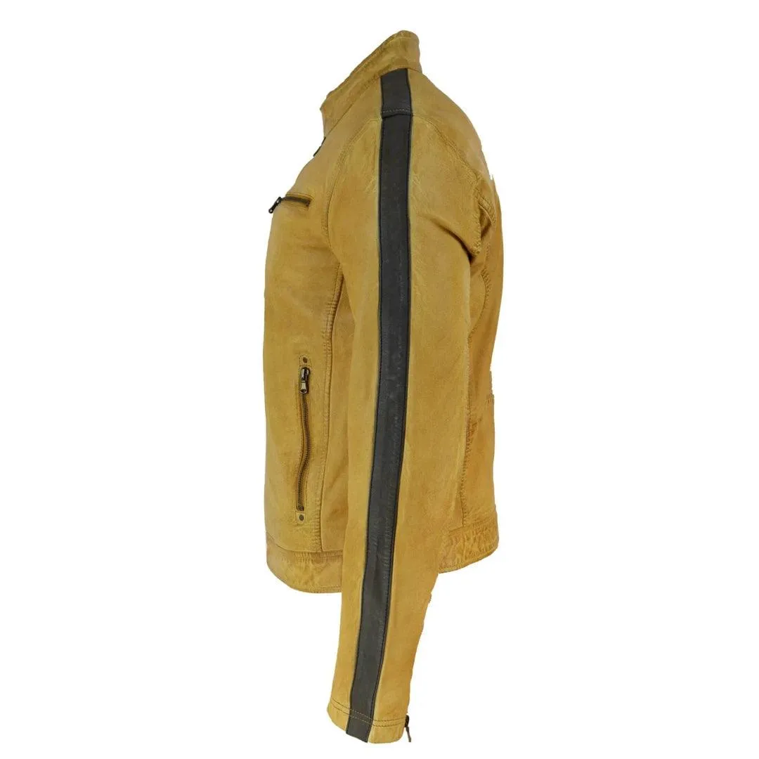 Mens Real Leather Biker Racing Jacket Stripes Zip Retro Casual Grey Yellow Short