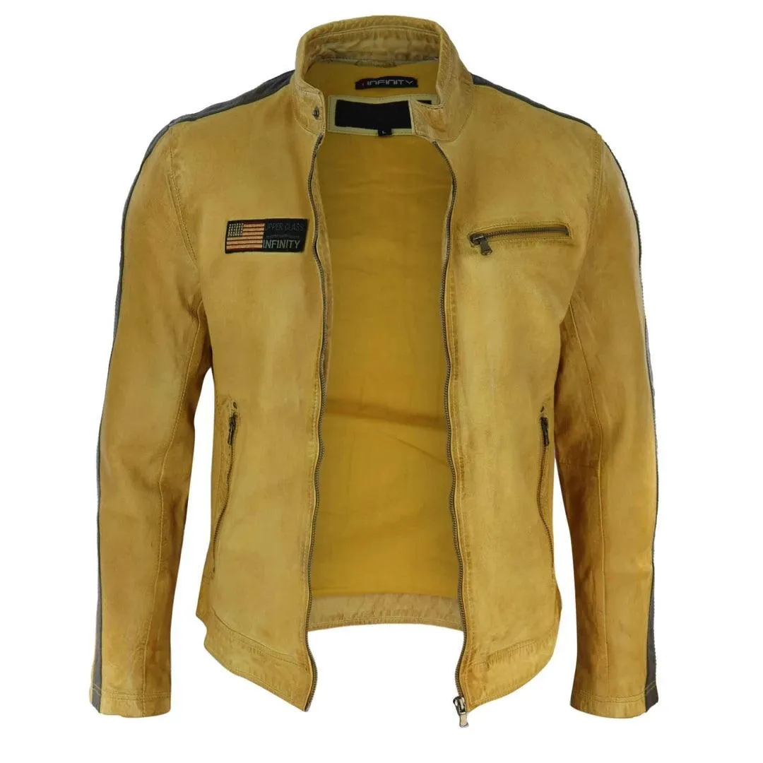 Mens Real Leather Biker Racing Jacket Stripes Zip Retro Casual Grey Yellow Short
