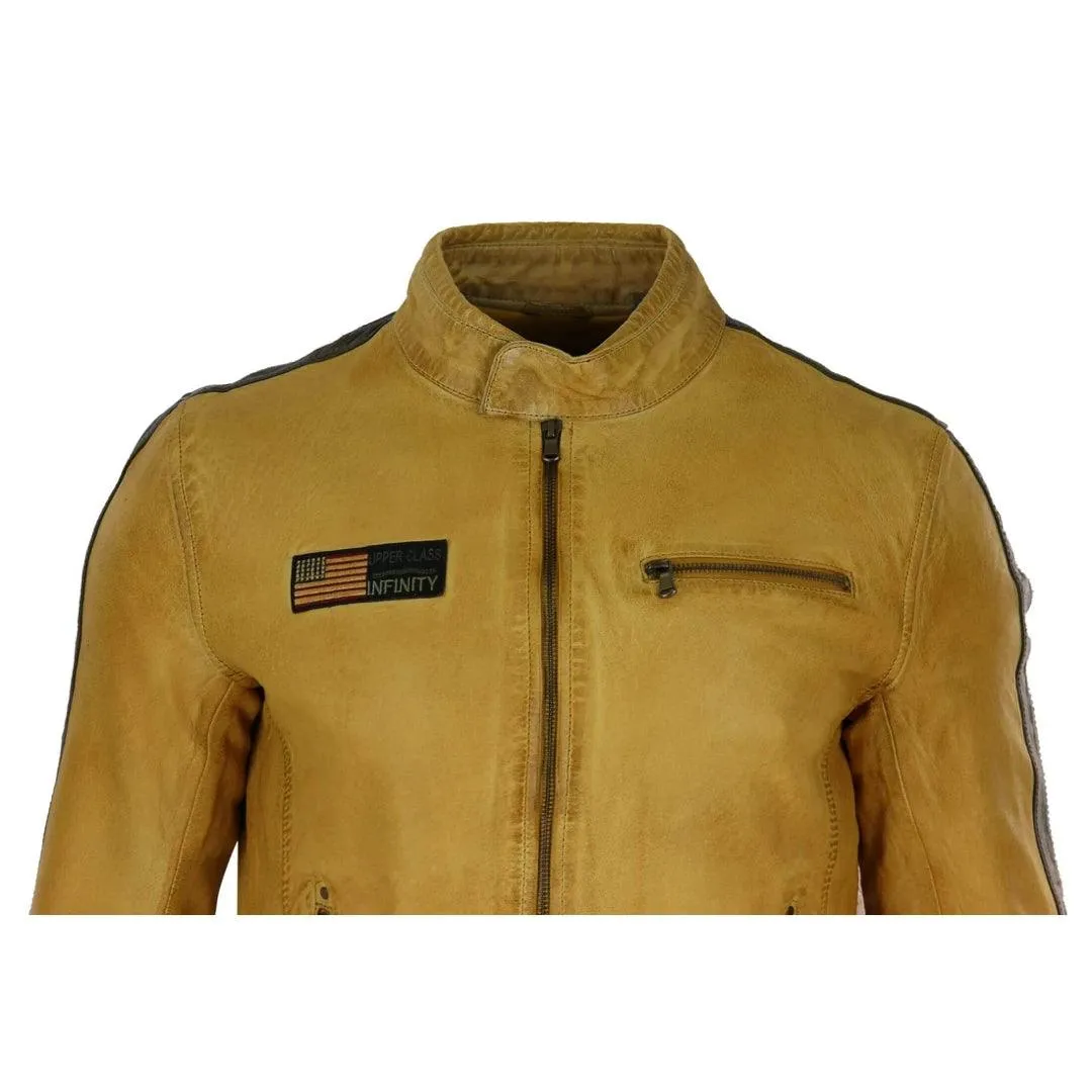 Mens Real Leather Biker Racing Jacket Stripes Zip Retro Casual Grey Yellow Short