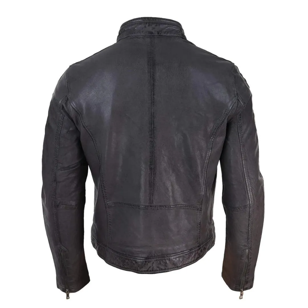 Mens Real Leather Biker Racing Jacket Stripes Zip Retro Casual Grey Yellow Short