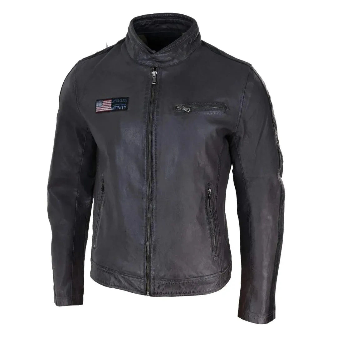 Mens Real Leather Biker Racing Jacket Stripes Zip Retro Casual Grey Yellow Short