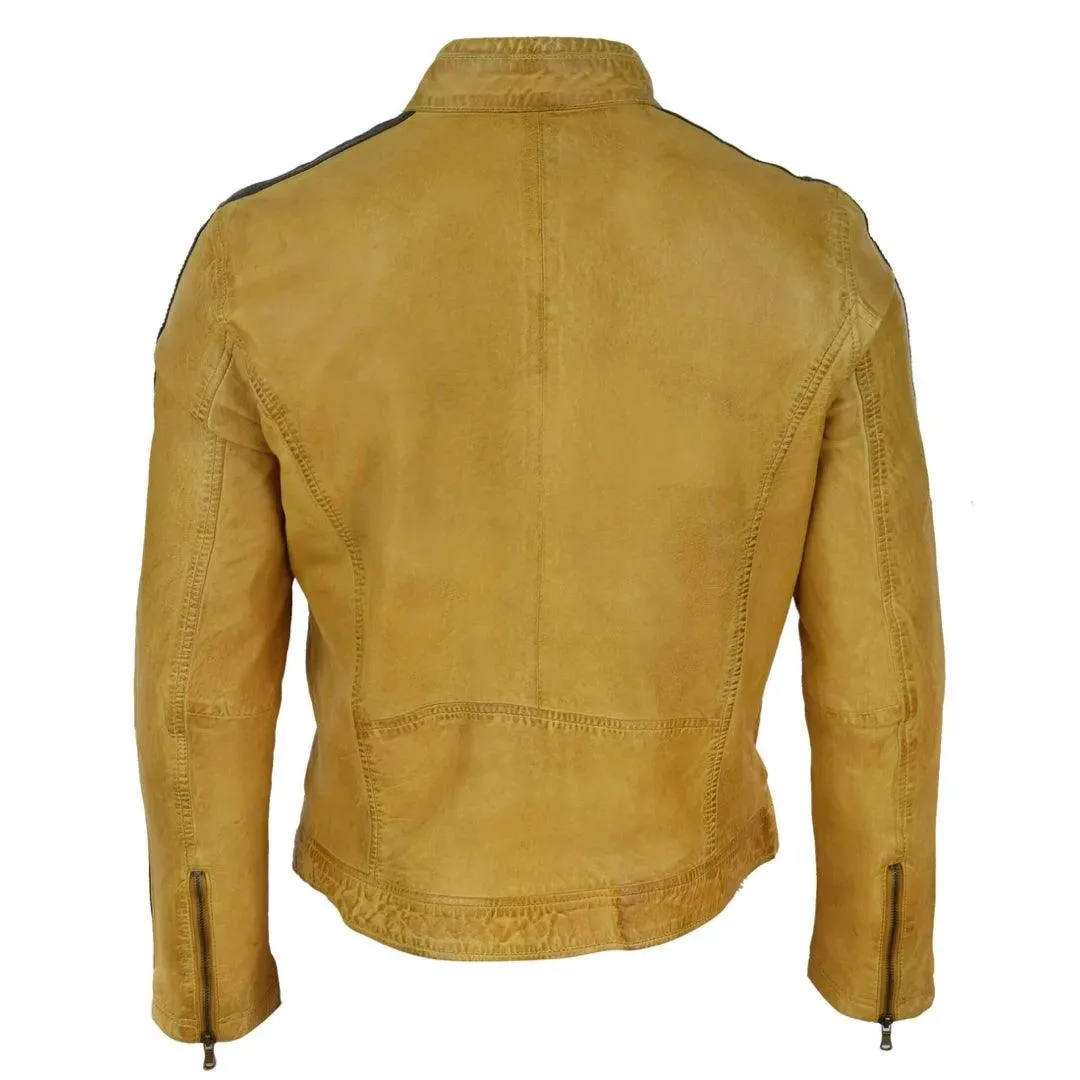 Mens Real Leather Biker Racing Jacket Stripes Zip Retro Casual Grey Yellow Short
