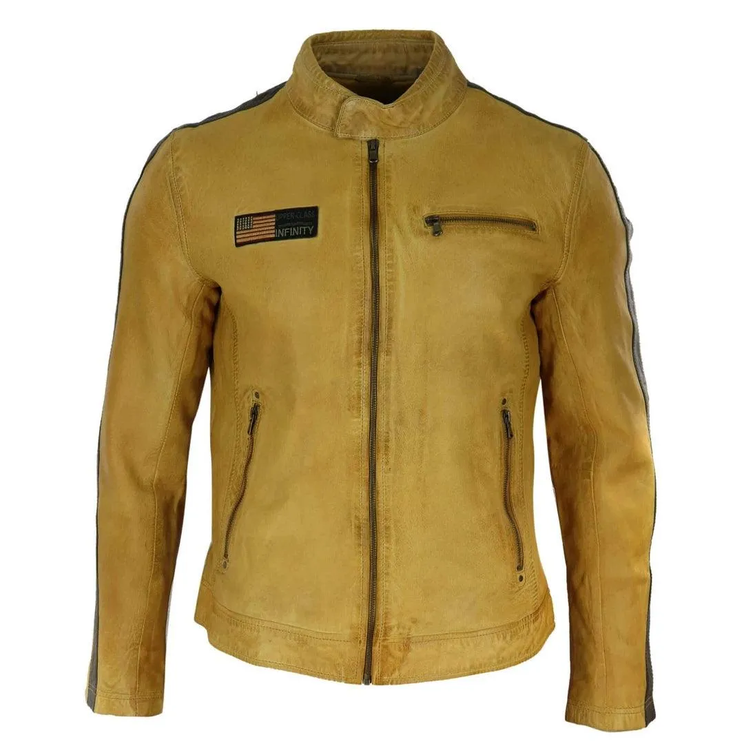 Mens Real Leather Biker Racing Jacket Stripes Zip Retro Casual Grey Yellow Short