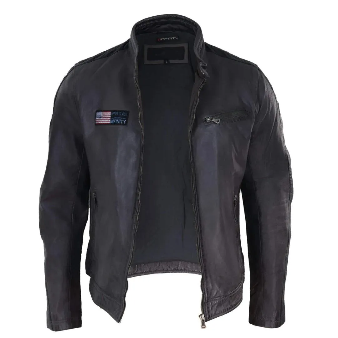 Mens Real Leather Biker Racing Jacket Stripes Zip Retro Casual Grey Yellow Short