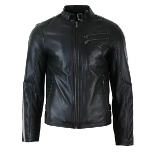 Mens Slim Fit Short Real Leather Biker Racing Jacket Stripes Sleeves Zipped