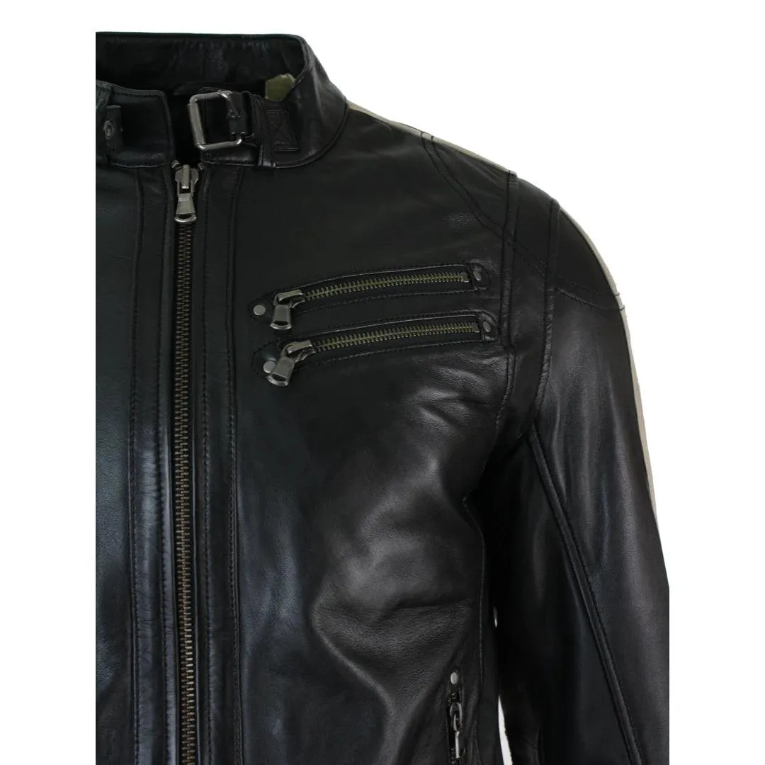 Mens Slim Fit Short Real Leather Biker Racing Jacket Stripes Sleeves Zipped