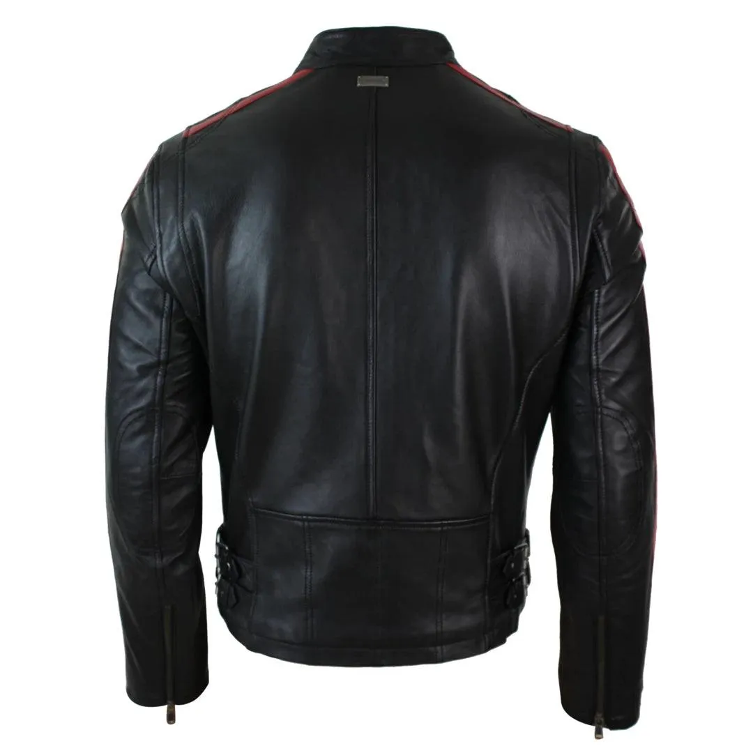Mens Slim Fit Short Real Leather Biker Racing Jacket Stripes Sleeves Zipped