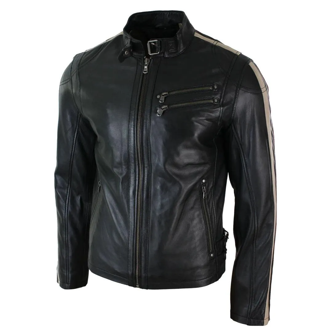 Mens Slim Fit Short Real Leather Biker Racing Jacket Stripes Sleeves Zipped