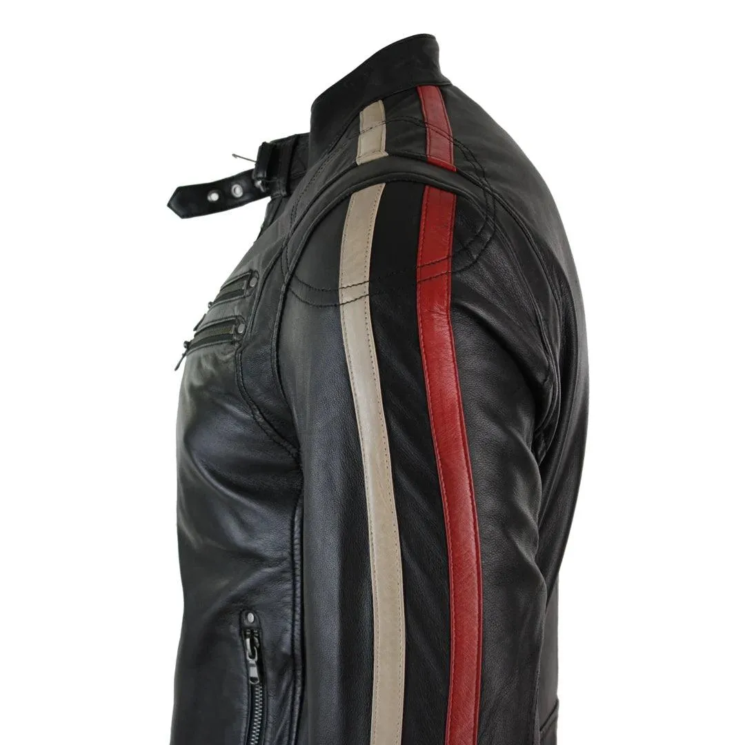 Mens Slim Fit Short Real Leather Biker Racing Jacket Stripes Sleeves Zipped
