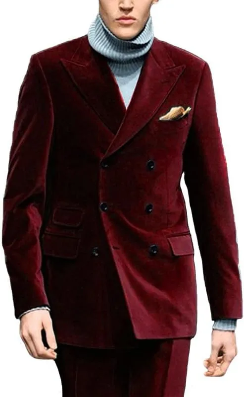 Mens Velvet Suit Jacket Double Breasted Suit 2 Piece Groom Tuxedos Slim Fit Wedding Blazers JXZ003