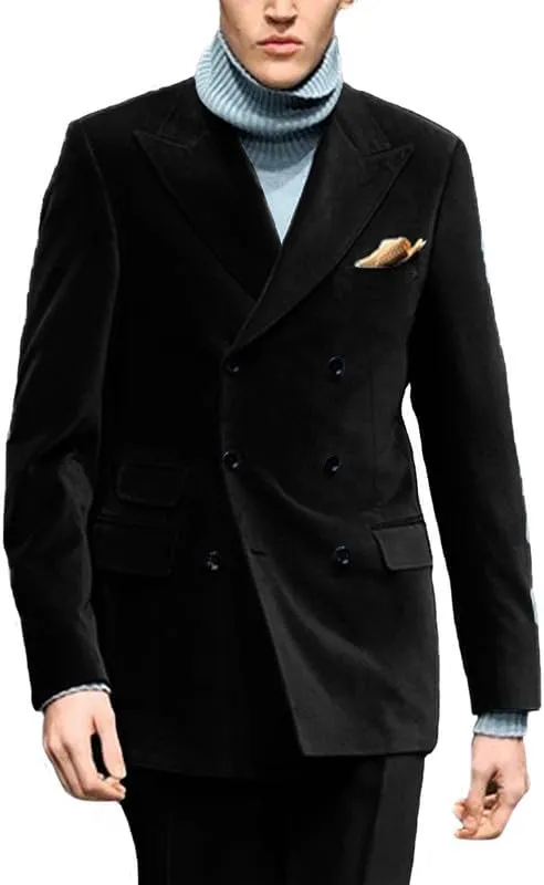 Mens Velvet Suit Jacket Double Breasted Suit 2 Piece Groom Tuxedos Slim Fit Wedding Blazers JXZ003