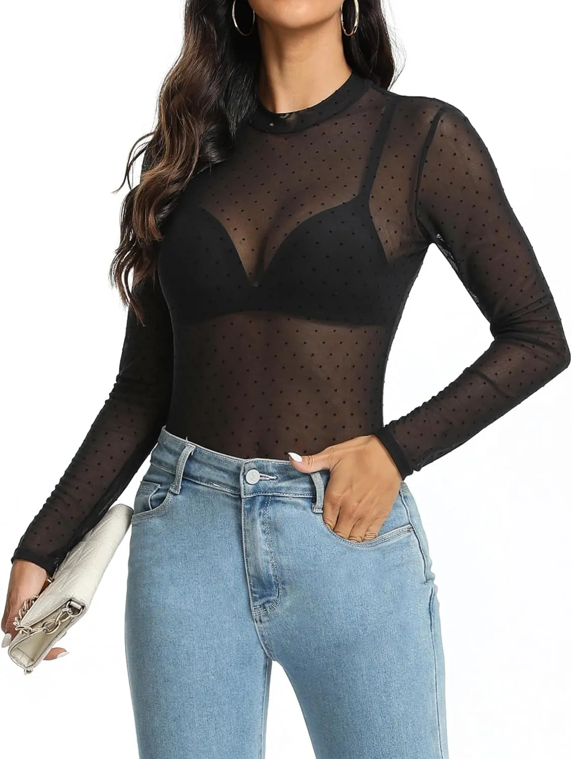 Mesh Top for Women Long Sleeve Mock Neck Mesh Shirt Sheer Top Solid Floral Tee Shirts S-XXL