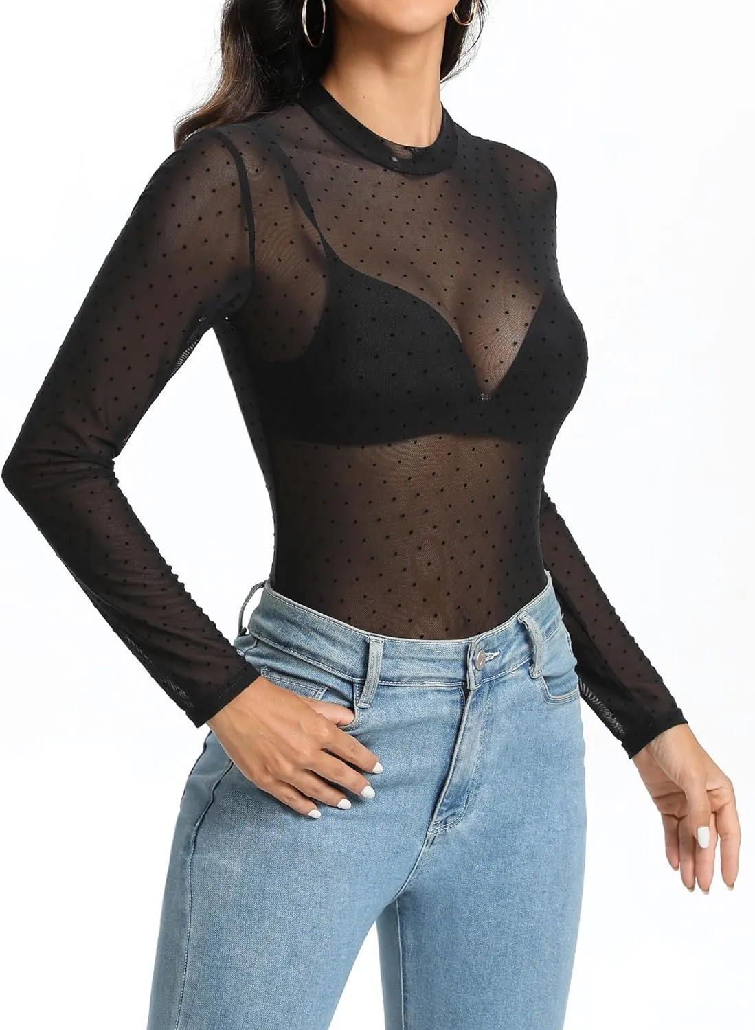Mesh Top for Women Long Sleeve Mock Neck Mesh Shirt Sheer Top Solid Floral Tee Shirts S-XXL