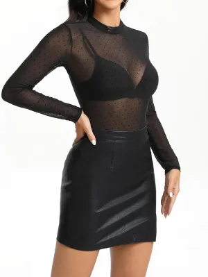 Mesh Top for Women Long Sleeve Mock Neck Mesh Shirt Sheer Top Solid Floral Tee Shirts S-XXL