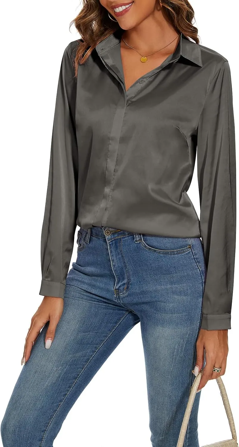 Miqieer Women's Silk Blouse Long Sleeve Lady Shirt Casual Office Work Blouse Shirt Tops