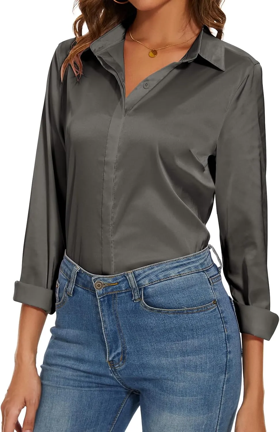 Miqieer Women's Silk Blouse Long Sleeve Lady Shirt Casual Office Work Blouse Shirt Tops
