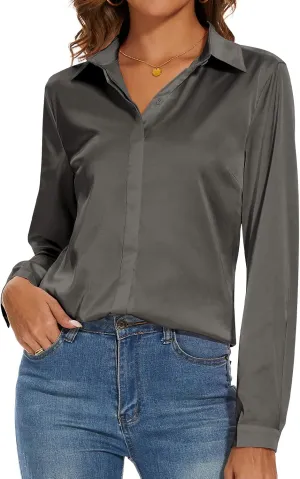 Miqieer Women's Silk Blouse Long Sleeve Lady Shirt Casual Office Work Blouse Shirt Tops