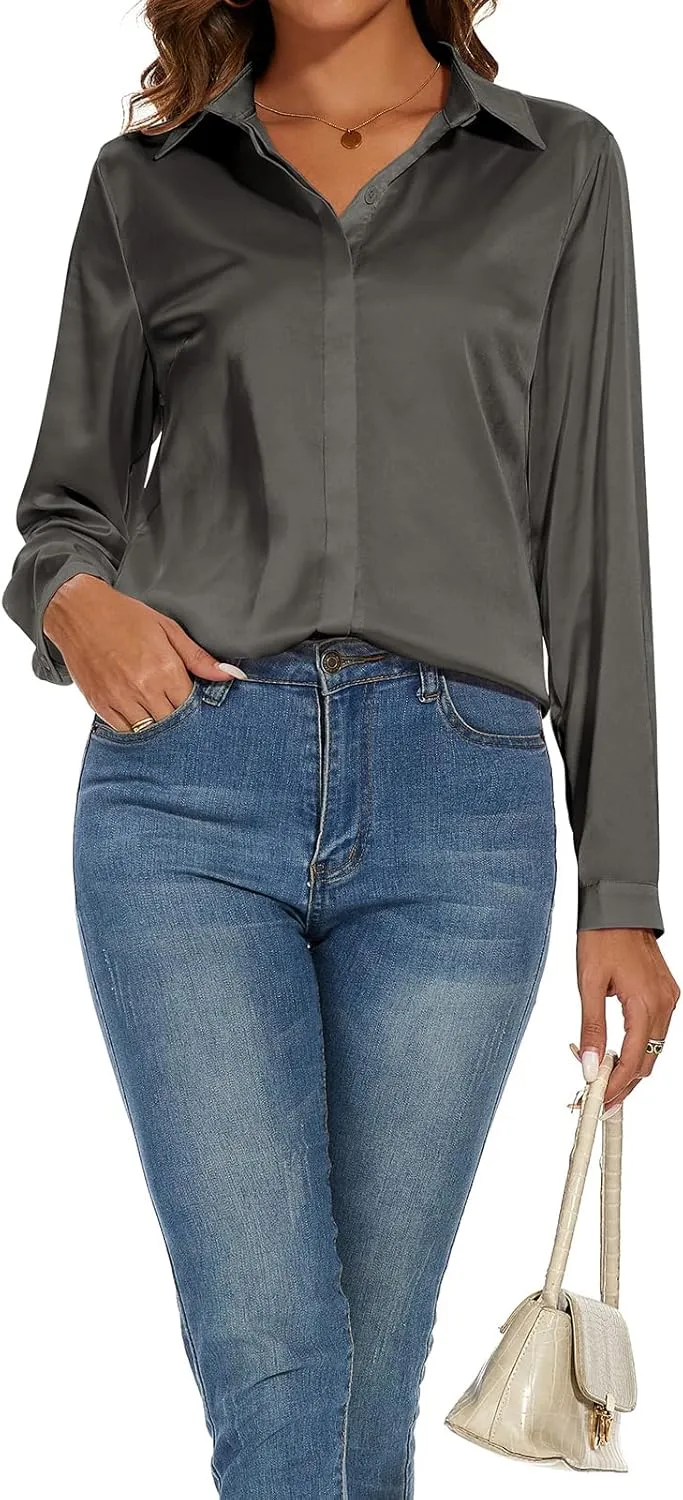 Miqieer Women's Silk Blouse Long Sleeve Lady Shirt Casual Office Work Blouse Shirt Tops