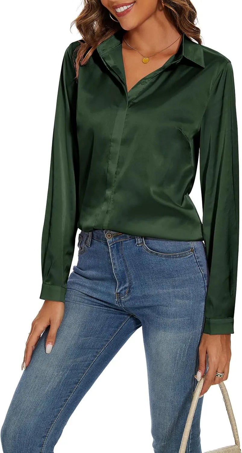 Miqieer Women's Silk Blouse Long Sleeve Lady Shirt Casual Office Work Blouse Shirt Tops