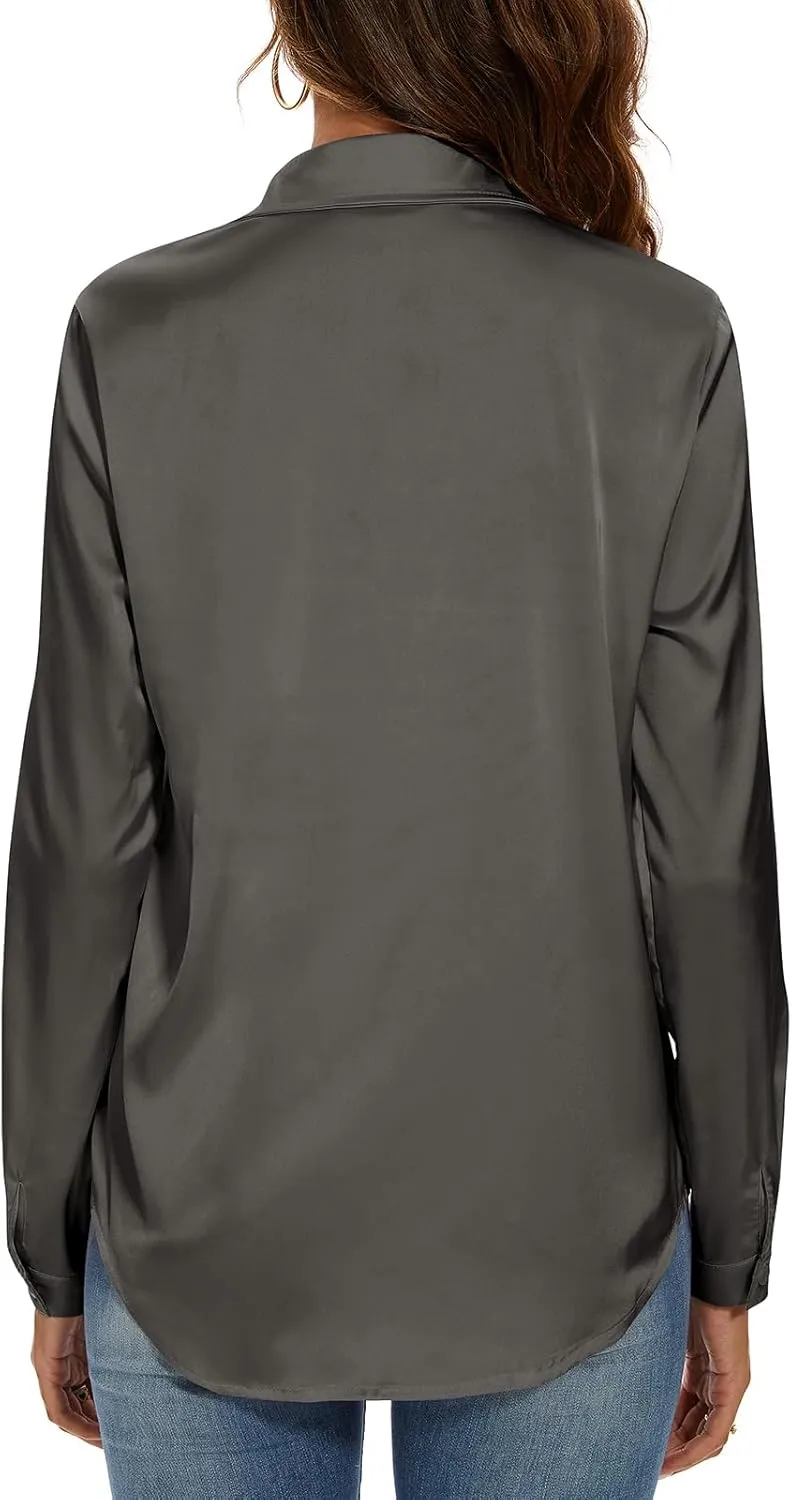 Miqieer Women's Silk Blouse Long Sleeve Lady Shirt Casual Office Work Blouse Shirt Tops