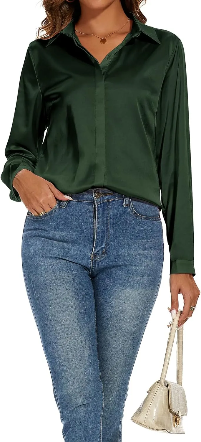 Miqieer Women's Silk Blouse Long Sleeve Lady Shirt Casual Office Work Blouse Shirt Tops