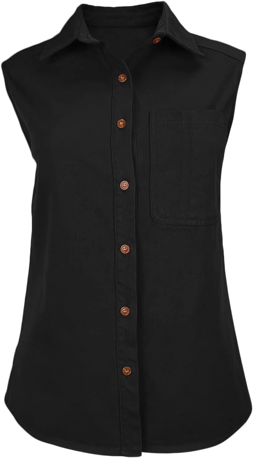 Orchidays Women's Denim Tank Top V Neck Button Down Collared Sleeveless Shirts Casual Blouse Tops