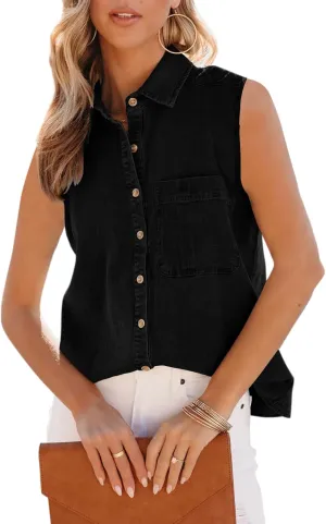 Orchidays Women's Denim Tank Top V Neck Button Down Collared Sleeveless Shirts Casual Blouse Tops