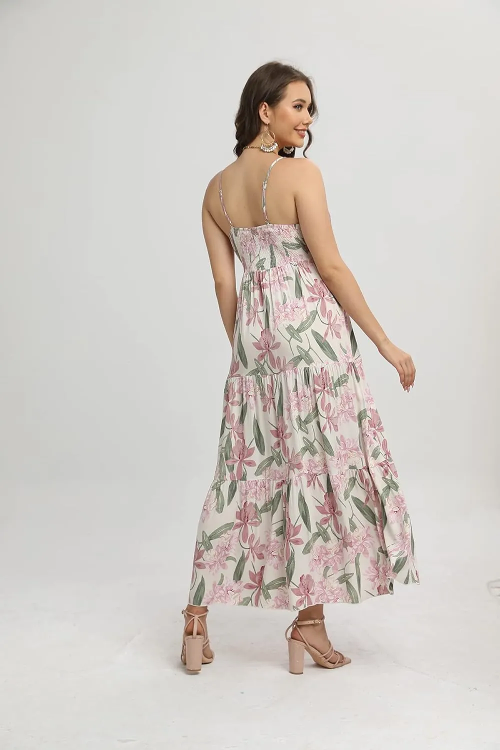 OSTOO Women's Floral Print Maxi Dresses Sleeveless Sleeves Boho Empire Waist Dress